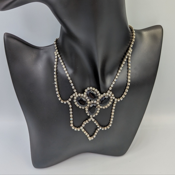 Black & Clear Rhinestones Necklace Silver Tone Vintage Statement Hook Clasp 16" - Picture 3 of 11